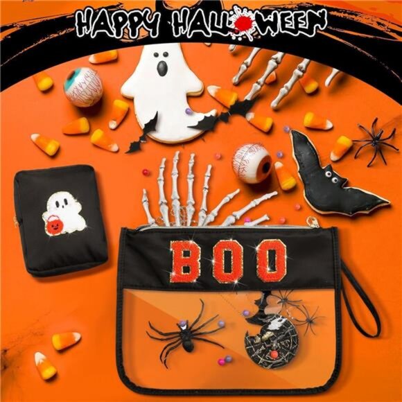 Halloween 2 Pcs spooky Cosmetic bag Snack Bag ,Clear Zipper Letter Travel - Picture 3 of 7